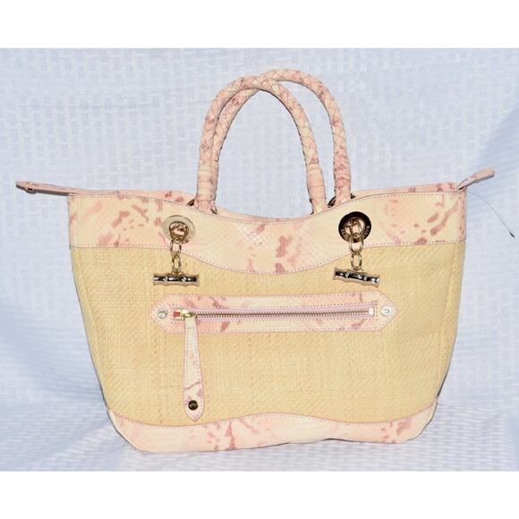 Elaine Turner Straw Purse With Snake Print Leather Bamboo Toggle Detail Handbag - Picture 2 of 8